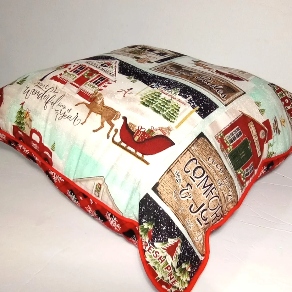 Christmas Red Truck Sleigh Village Pine Trees Snow Flakes Pillow 15